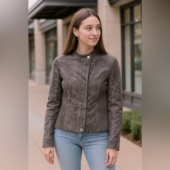 Isaac Mizrahi Gray Leather Suede Moto Jacket Sz 4 Full Zip Snap Long Sleeve - Picture 1 of 8